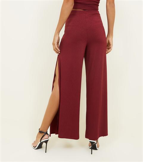 Burgundy Ribbed Side Split Flared Trousers New Look