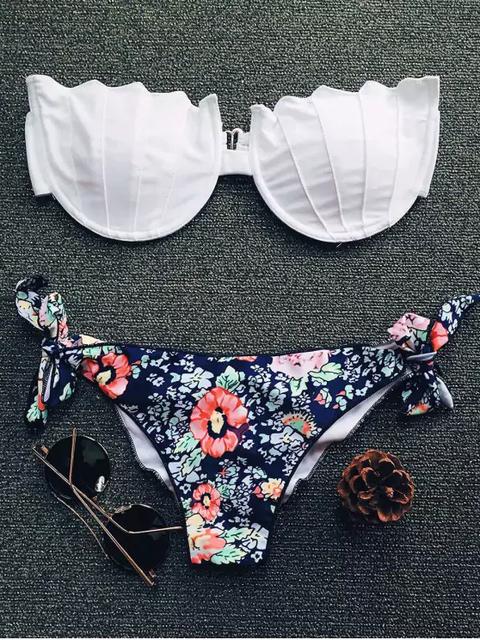 Traje De Bikini Con Relleno Sin Tirantes Con Estampado De Flores Minúsculos White Pink