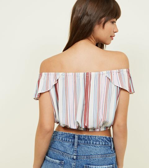 White Multi Stripe Button Front Bardot Crop Top New Look