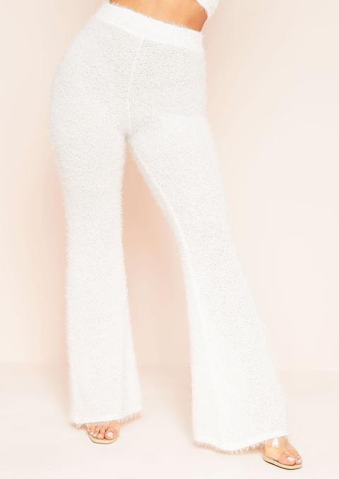 Meya White Fluffy Knit Wide Leg Trousers