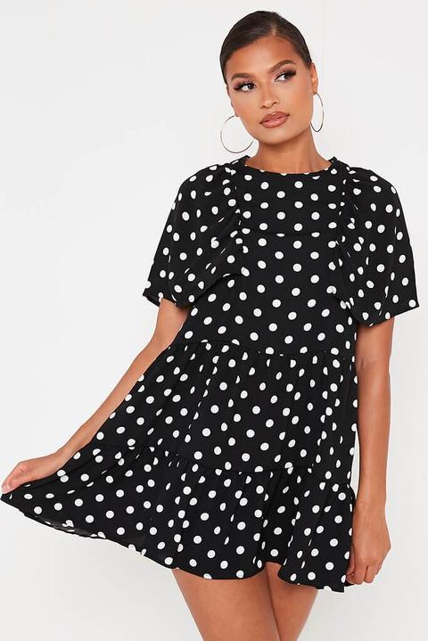 Black Polka Dot Frill Sleeve Smock Dress , Black