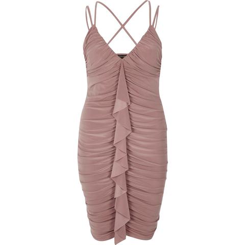 Light Pink Ruched Frill Front Bodycon Dress