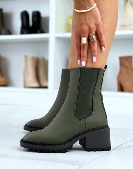 Bottines À Talon Kaki Gommées À Bout Carré