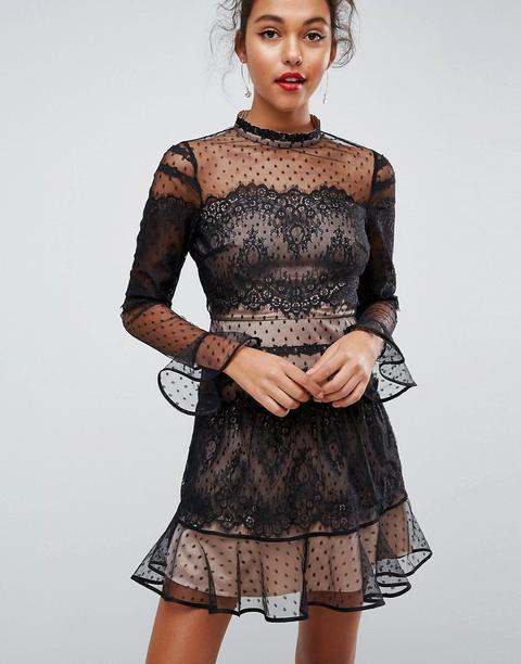 Asos - Vestitino Patchwork A Maniche Lunghe Con Pizzo E Tessuto A Pallini - Nero