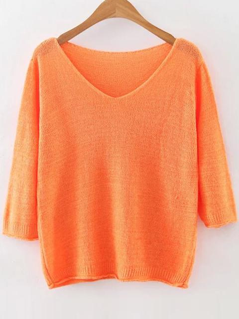 Orange V Neck Ribbed Trim Knitwear