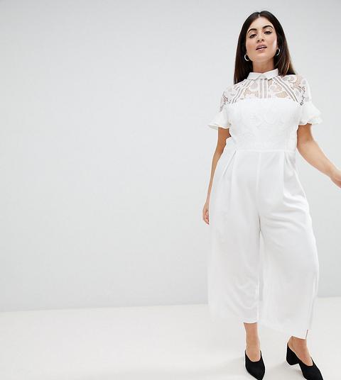 Asos Design Curve - Tuta Jumpsuit Con Corpino In Pizzo E Gonna Pantalone - Bianco