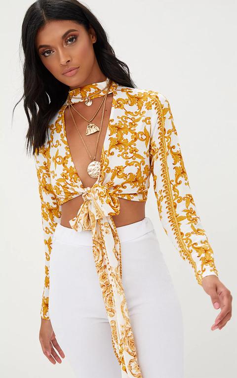 White Baroque Print Plunge Tie Front Choker Blouse, White