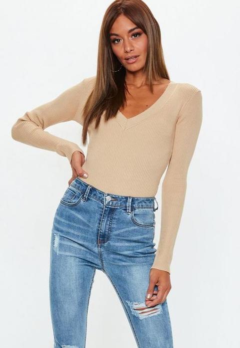 Camel Ultimate Plunge Knitted Bodysuit, Camel