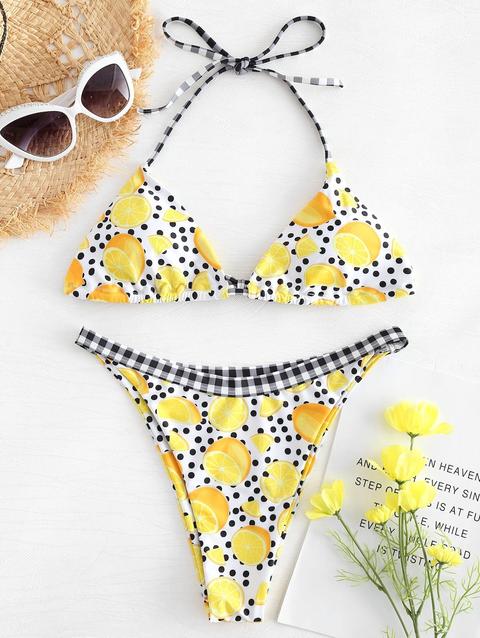 Bikini A Pois Con Stampa Limone Multi