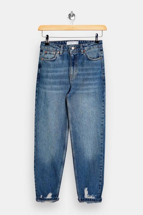 Petite Mid Stone Ripped Mom Tapered Jeans