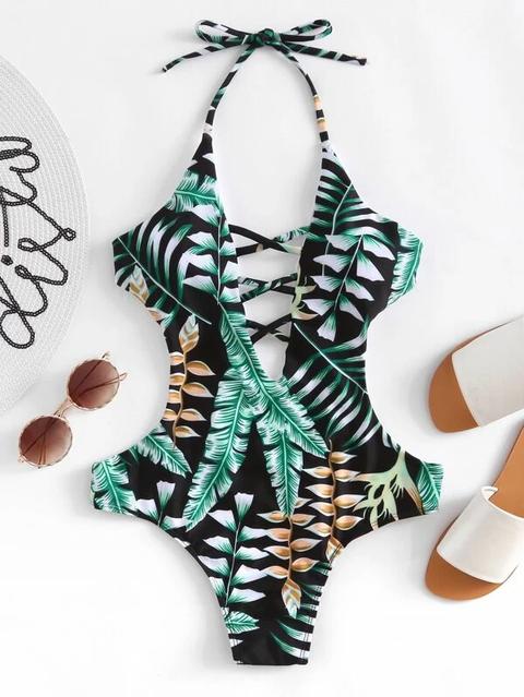 Monokini Con Estampado Tropical Con Cuello Pronunciado