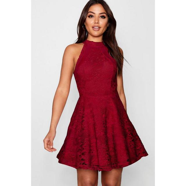 boutique lace high neck skater dress