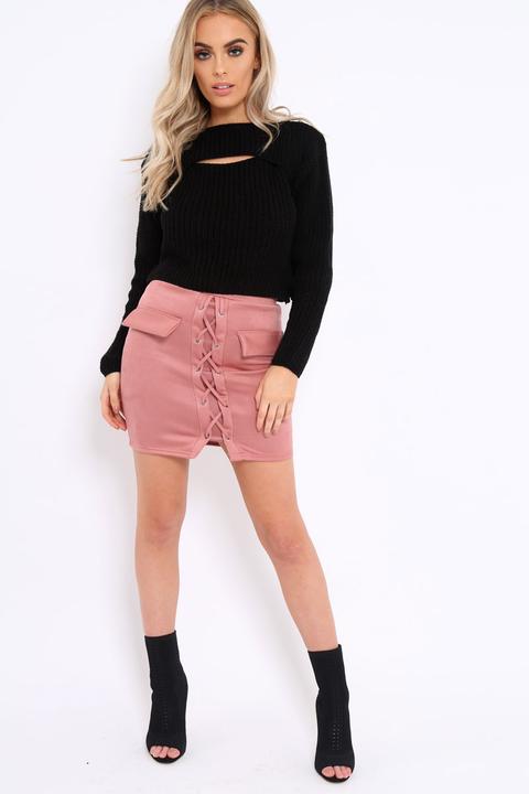 Pink Lace Up Suedette Skirt With Pockets - Patra