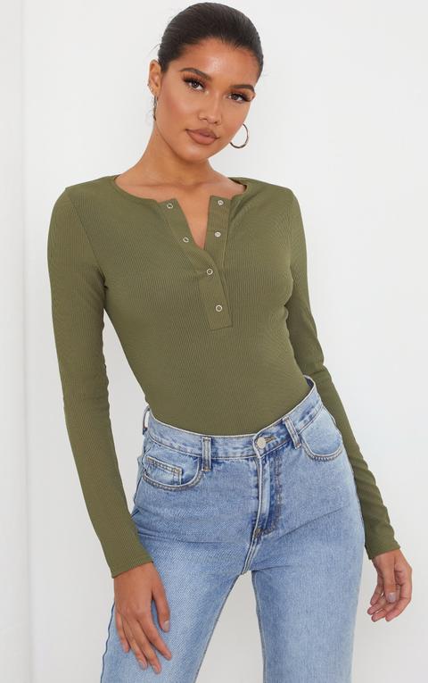 Khaki Long Sleeve Rib Popper Bodysuit