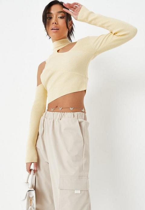 Yellow Rib High Neck Asymmetric Cut Out Knit Crop Top, Yellow