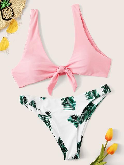 Set Bikini Con Stampa Palma E Top Con Doppia Cinghia