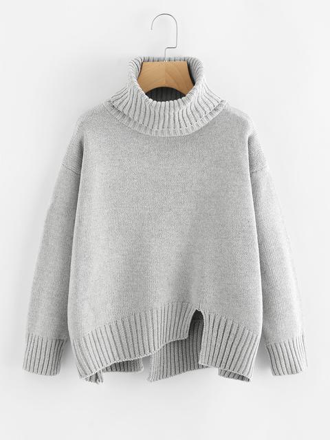 Turtleneck Raw Cut Dip Hem Sweater