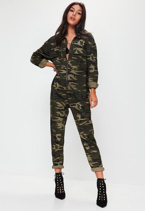 Green Camo Print Jumpsuit, Green