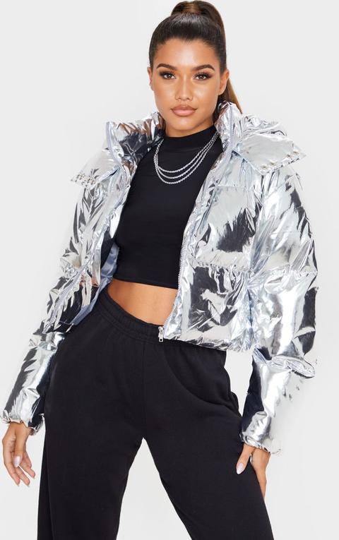 Silver Metallic Crop Puffer Jacket