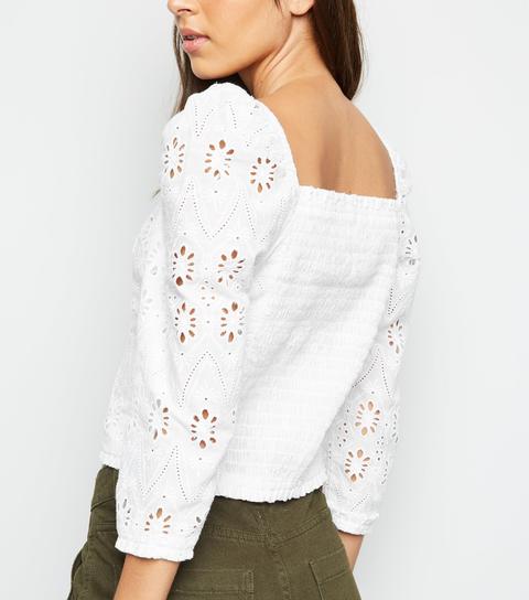 White Cut Out Embroidered Milkmaid Top New Look