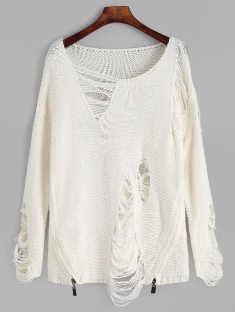 Maglione Strappato Con Cerniera Bianco