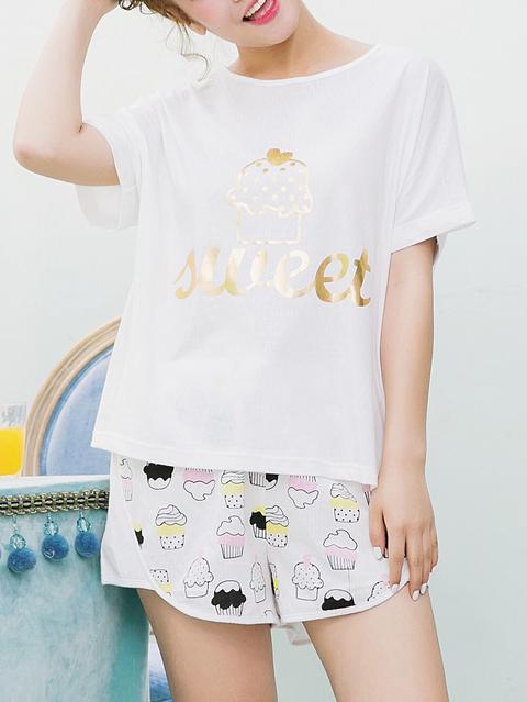 Letter Print Tee & Cartoon Print Shorts Pj Set