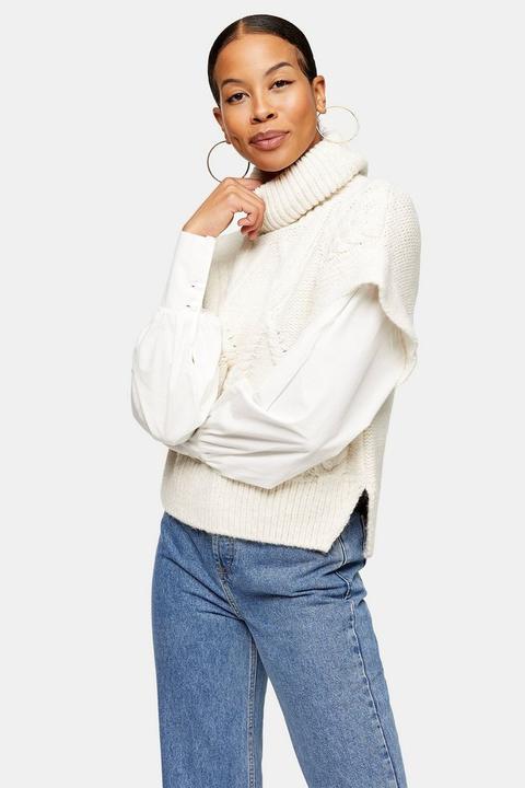 Ivory Cable Knit Roll Neck Jumper Wiith Poplin Sleeve