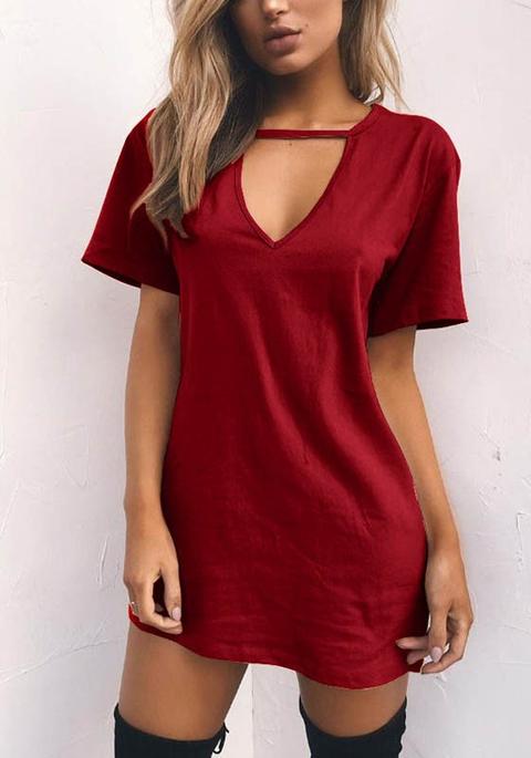 Wine Red Cut Out Plunging Neckline Short Sleeve Sweet T-shirt