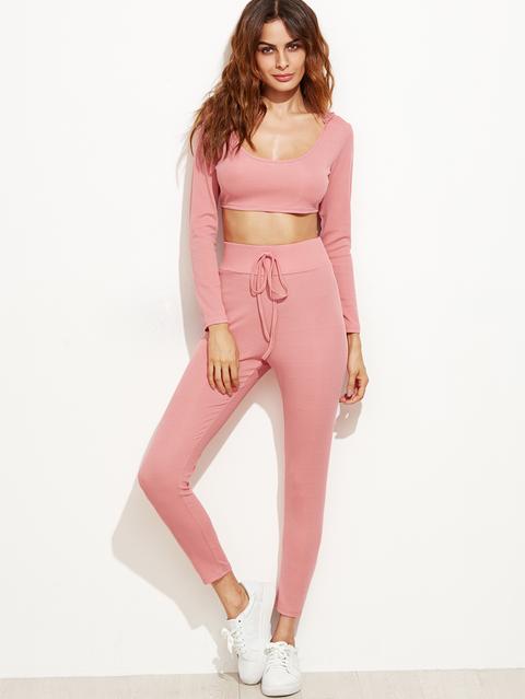 Top Corto Con Capucha Y Pantalones Con Cordón En La Cintura - Rosa