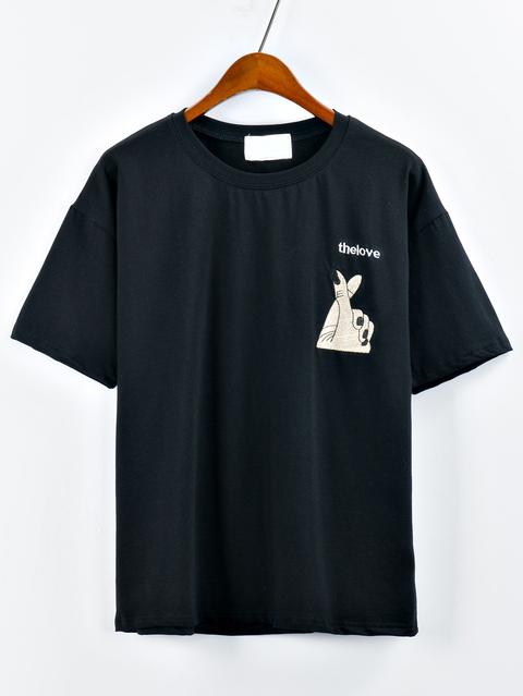 Camiseta Hombro Caído Bordado Gesto Negro