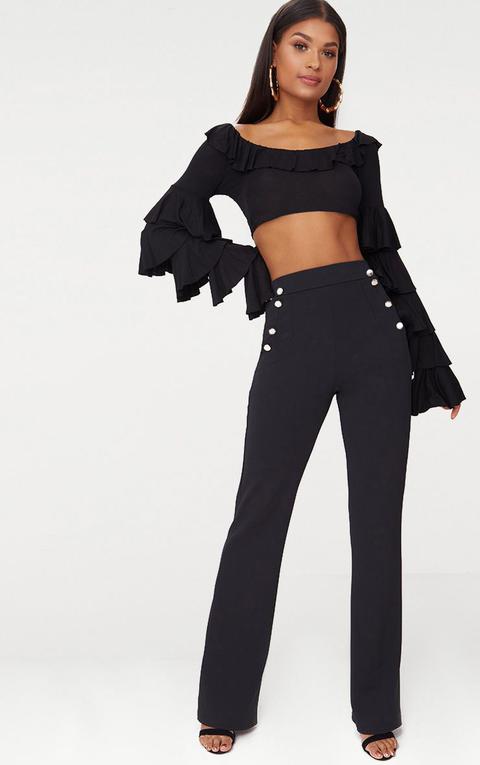 Black Military High Waist Button Wide Leg Trousers