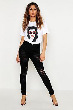 Jeans Skinny Desgastados De Talle Alto