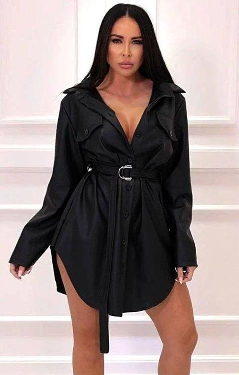 Black Faux Leather D-ring Belted Shirt Dress - Kyra