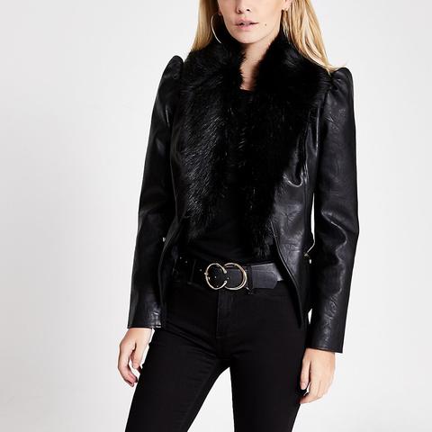 river island black faux leather puff sleeve jacket