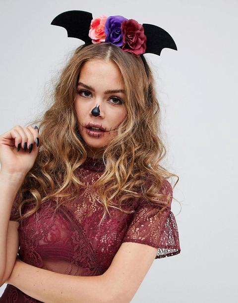 Asos Design Halloween - Cerchietto Nero Con Dettaglio Floreale E A Pipistrello - Nero