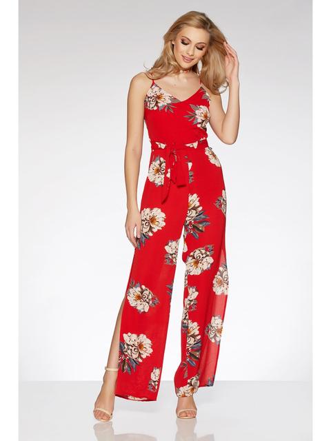 Red Crepe Floral Jumpsuit