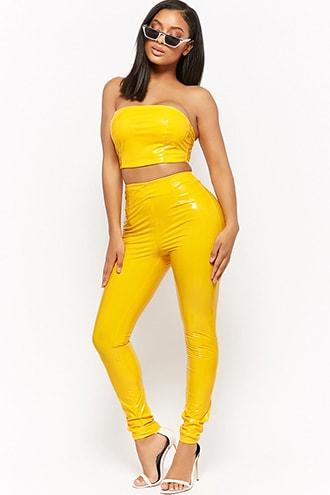 Forever 21 Slick Tube Crop Top Pants Set Yellow from Forever