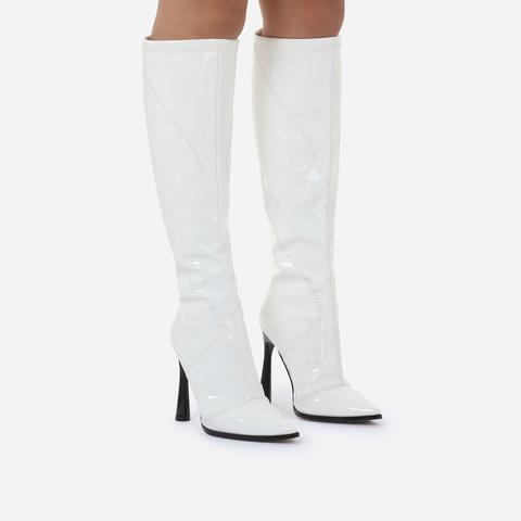 Austin Curved Heel Knee High Long Boot In White Patent, White
