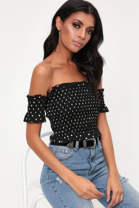 black and white polka dot bardot top