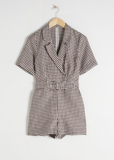 Belted Linen Gingham Romper