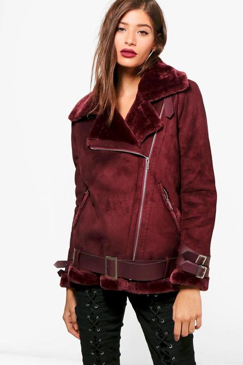 Aimee Boutique Faux Fur Trim Aviator With Belt