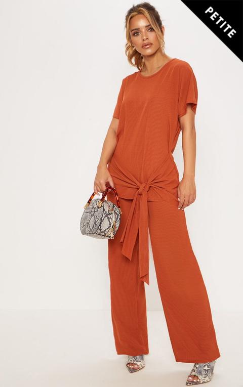 Petite Rust Ribbed Wide Leg Trouser