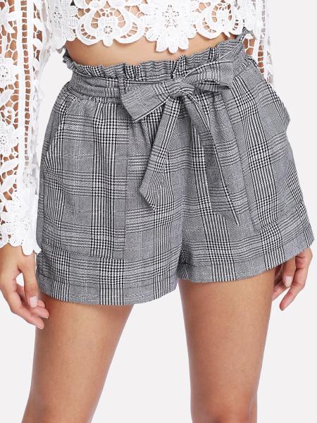 Self Belted Plaid Shorts