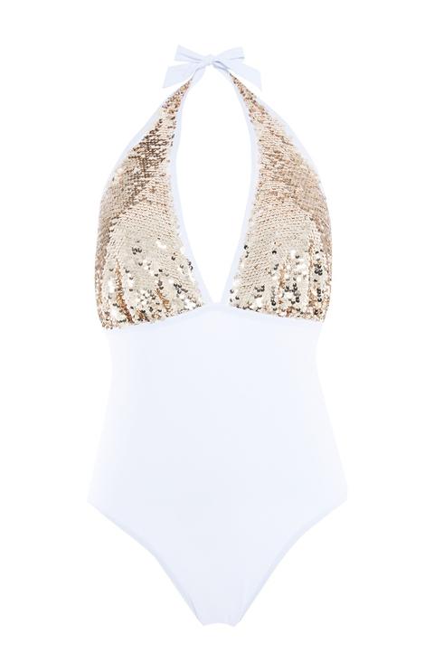 Gold Sequin Halter Swimsuit