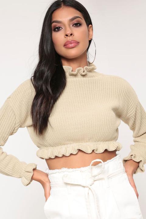 Beige Ruffle Hem Cropped Jumper