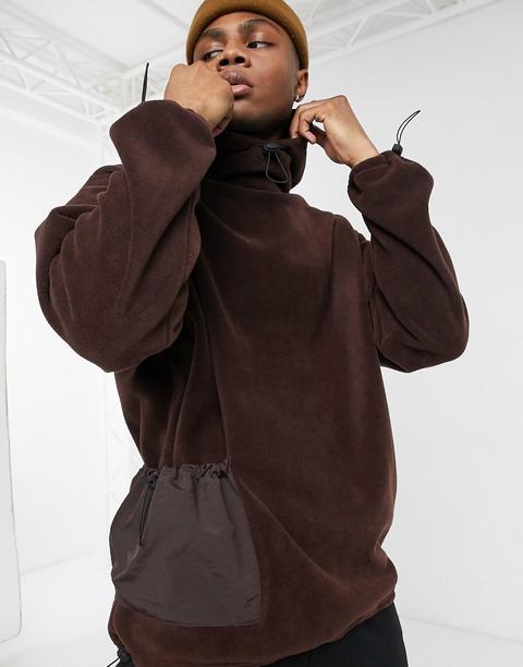 Asos Design Oversized Polar Fleece Hoodie In Slouchy Fit With Toggle Details In Brown