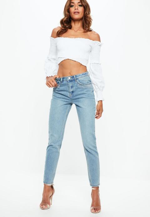 Blue Metal Beaded Tassel Pocket Mom Jeans, Blue