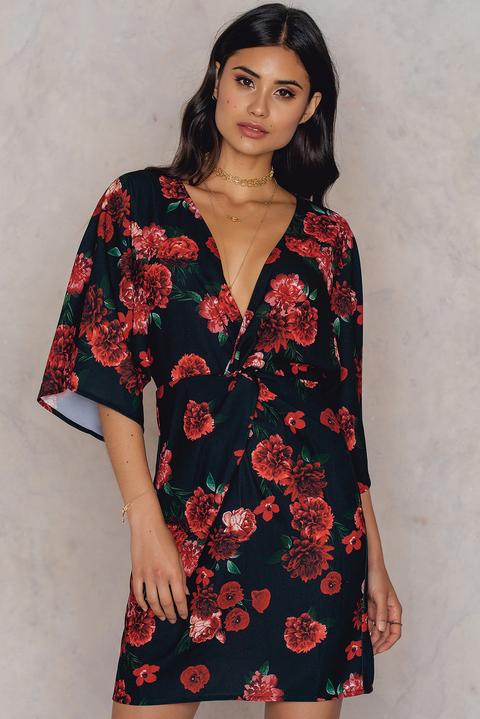 Printed Kimono Sleeve Knot Dress Multicolor