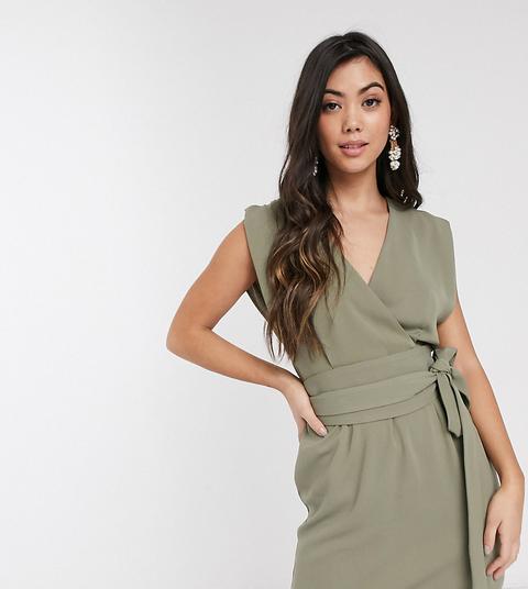 Asos Design Petite - Robe Cache-cœur Courte À Mancherons Fendus Avec Ceinture Obi - Vert Sauge