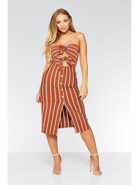 Rust And Cream Stripe Button Midi Dress